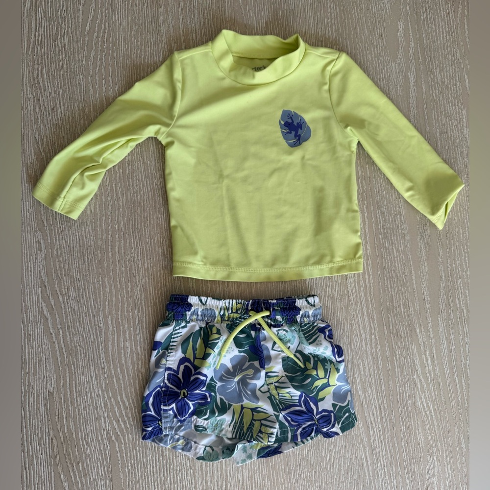 Carter’s neon yellow long sleeve swim shirt and shorts, 12 months